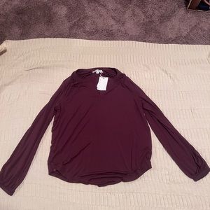 Barefoot Dream. Burgundy long sleeve, v-neck cuffed blouse